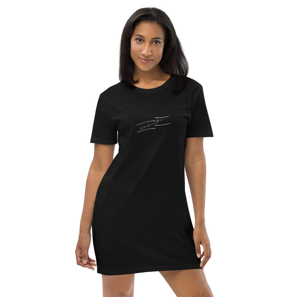 Organic black cotton t-shirt dress, with trademark logo in white