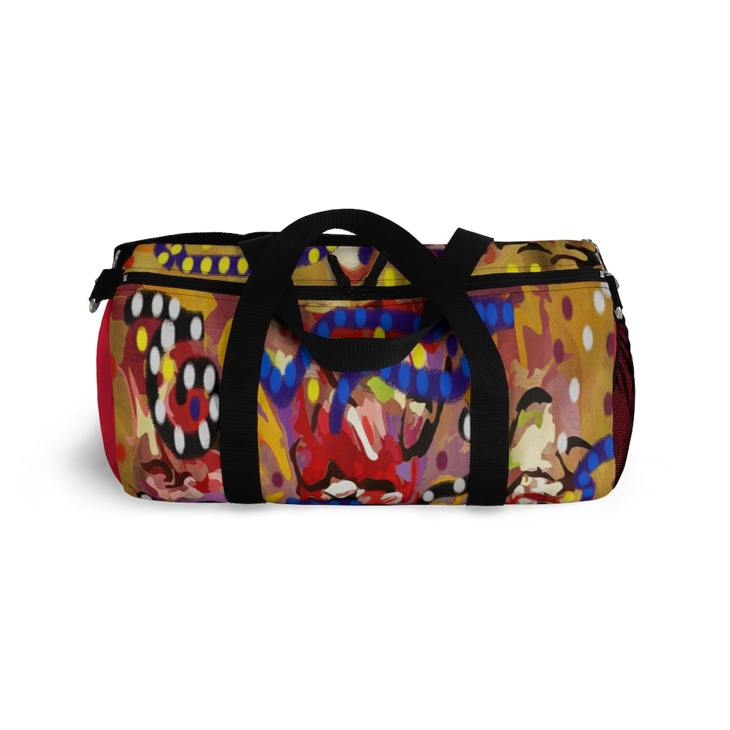 Tribal set 1 duffle gym bag  design# TRIB127,  red,  with small Logo,