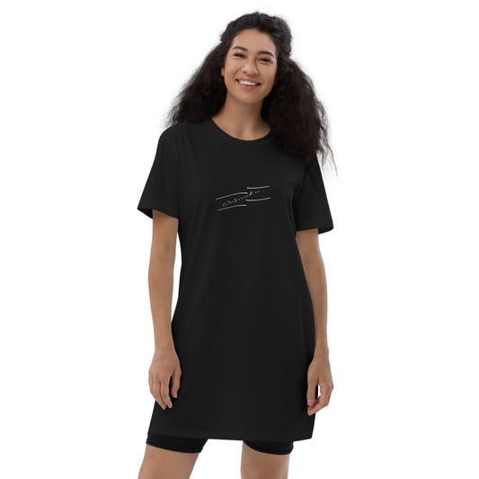 Organic black cotton t-shirt dress, with trademark logo in white